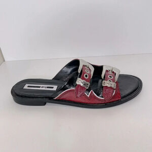 McQ Alexander McQueen Women's Moon
Buckle Crinkle Patent Waxed Calf Slide Sandal